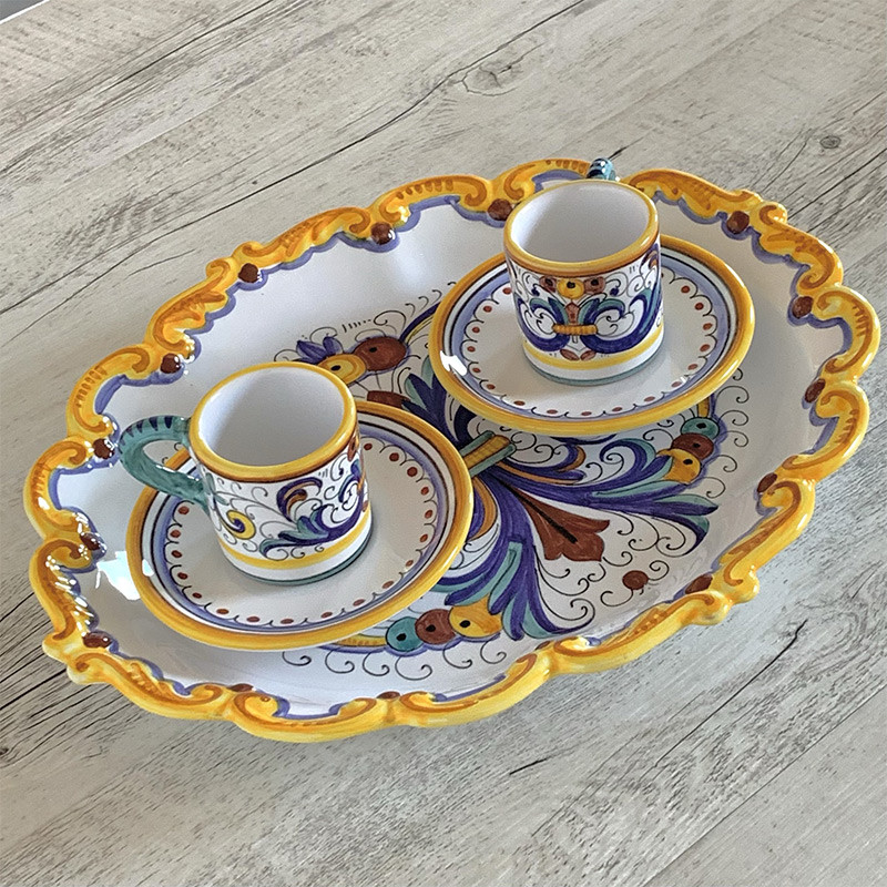 Set Vassoio e 2 tazzine Caffè in ceramica Decoro Ricco Deruta